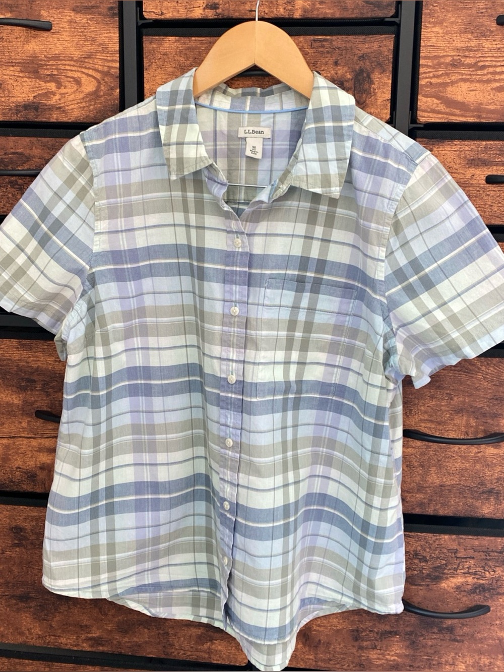 LL Bean Organic Cotton Plaid Short Sleeve Button Shirt 516787 Blue Womens Medium